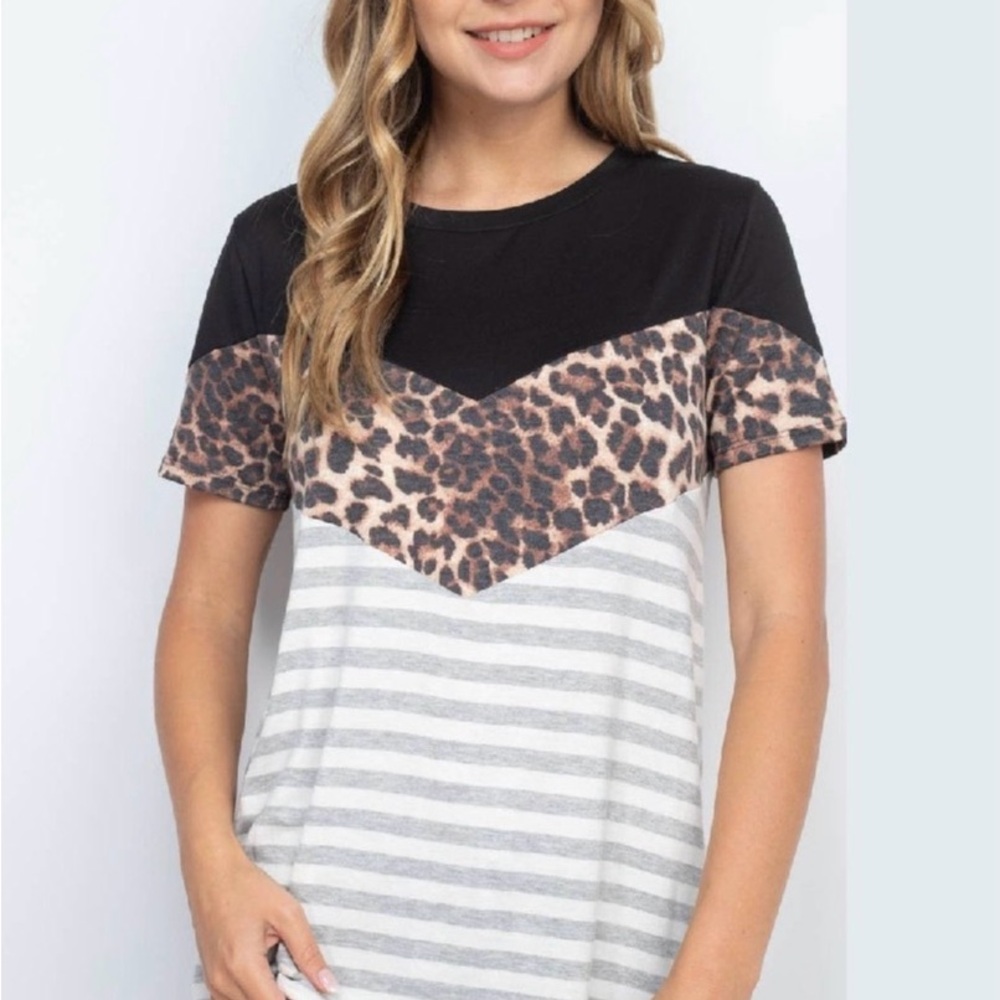 Girls' Black, Leopard & Gray Stripe Short Sleeve Tee